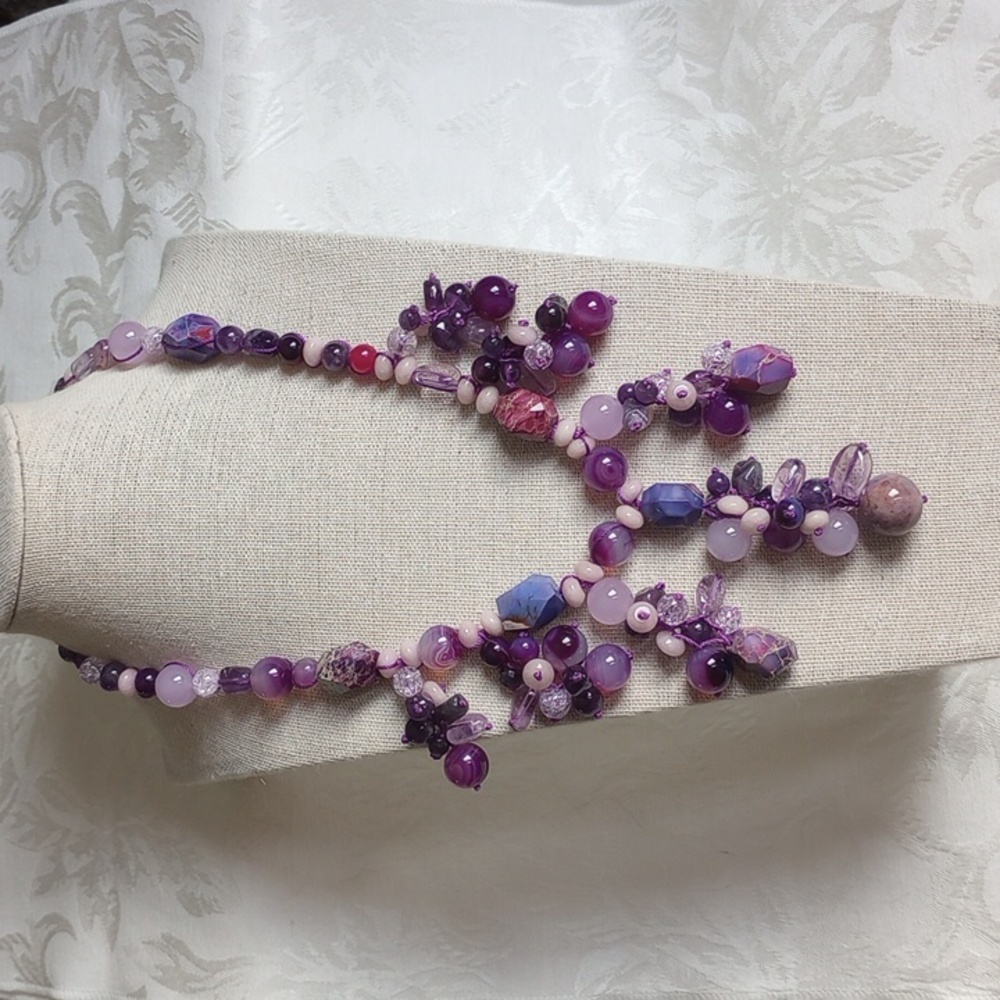 Purple Pink Ombre Multi-Strand Natural Stone Beaded 16 + Dangles Necklace